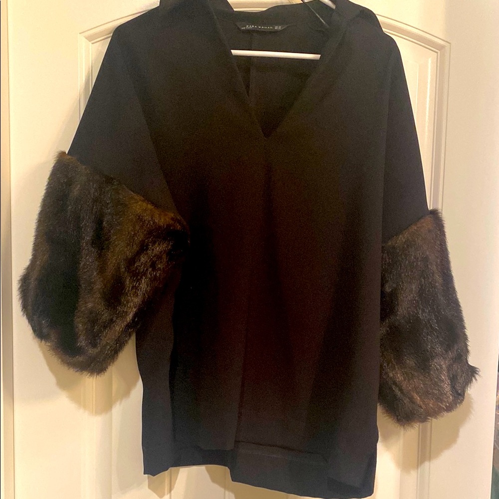 ZARA Black Top with Faux Fur Sleeves